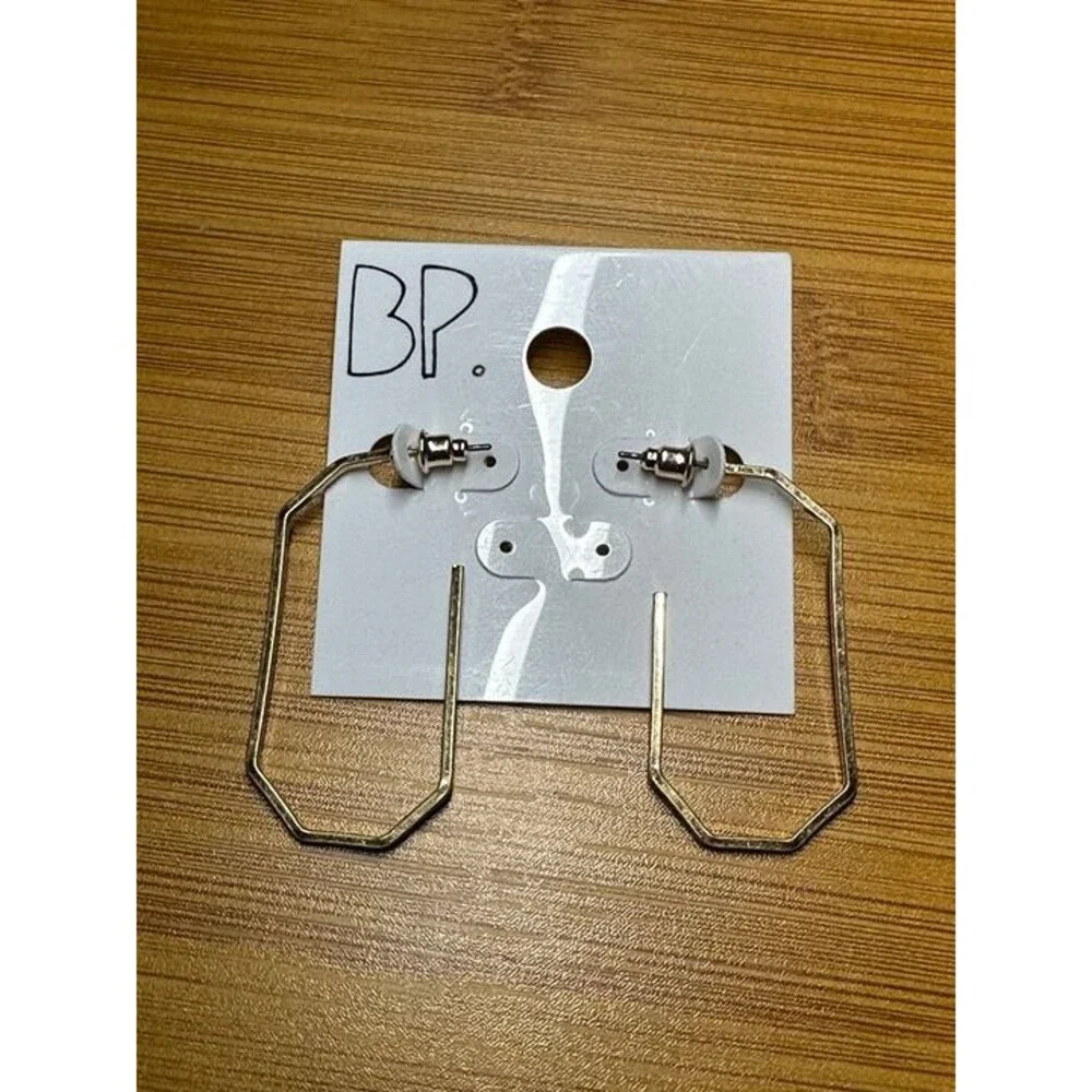 BP. Gold Tone Geometric Hexagon Hoop Earrings Hammered Modern NWT New Boho